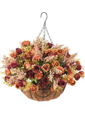 Vibrant Artificial Fall Hanging Flower Baskets for Outdoor Decor & Home Accent